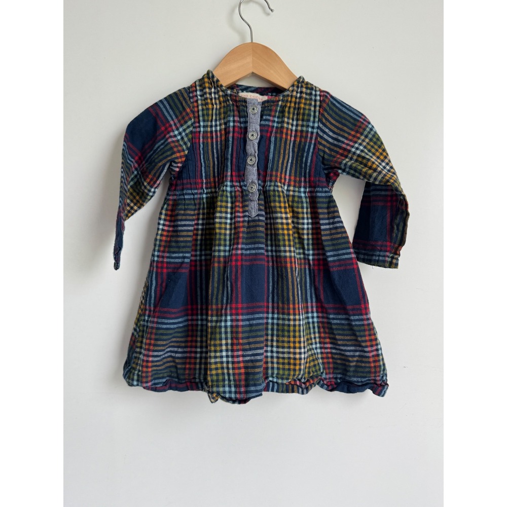 Pink Chicken NY Plaid Cotton Bubble Hem Dress Navy Multi Boho 12-18M
